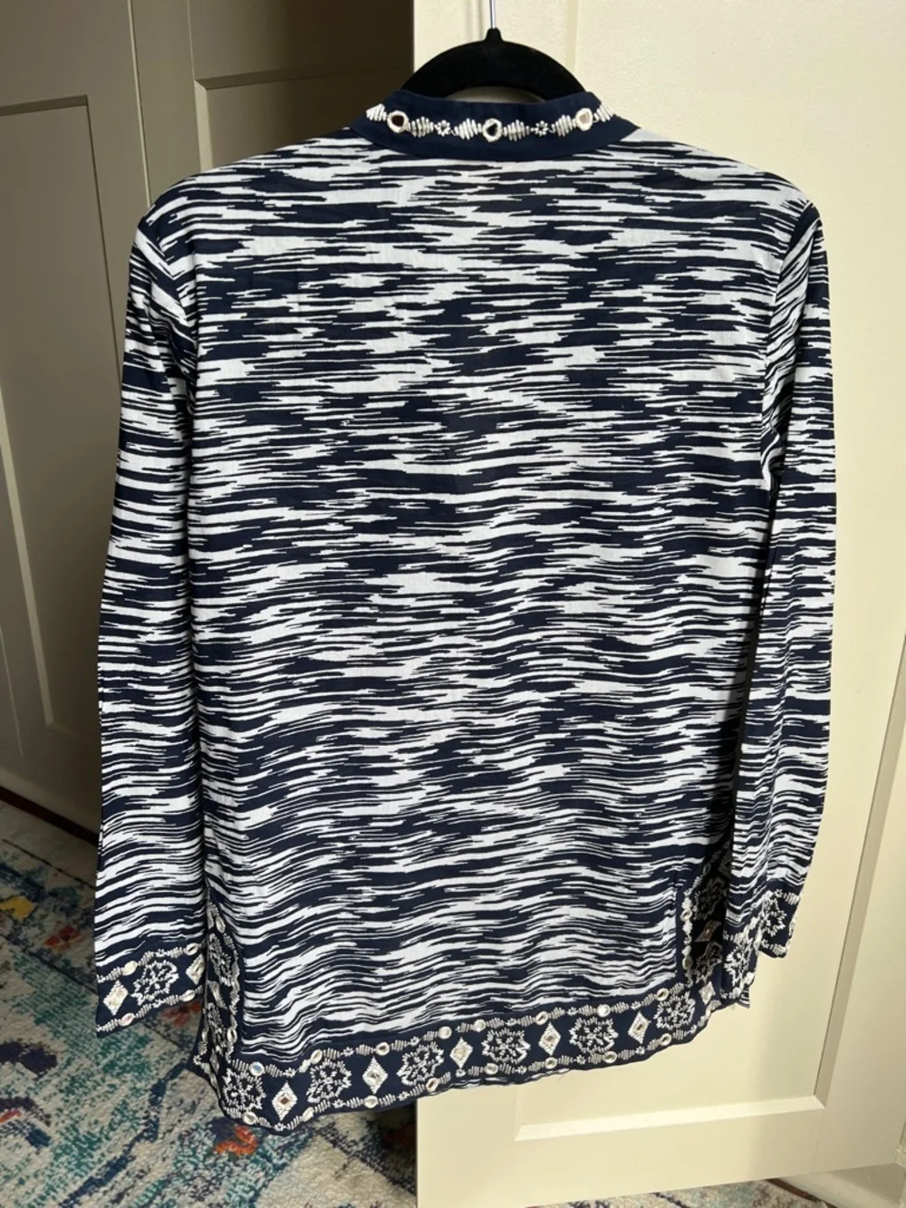 Tory Burch Navy and Ivory Space-Dye Embroidered Tunic Top women’s 6